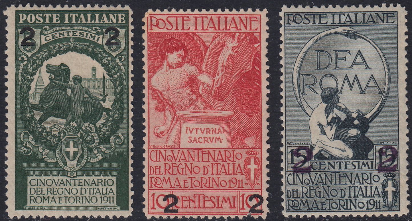 RN188 - 1913 - Unità d'Italia soprastampata con nuovo valore, serie di tre francobolli nuovi integri (99/101).