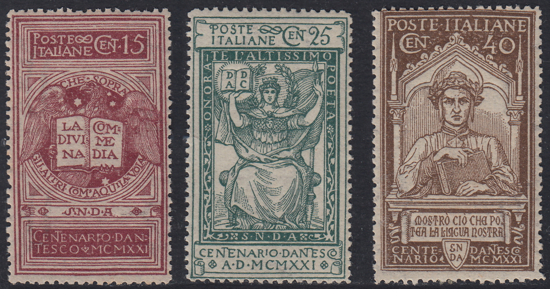 RN197 - 1921 - 6th centenary of the death of Dante Alighieri complete series of three copies, new, intact. (116/118). 