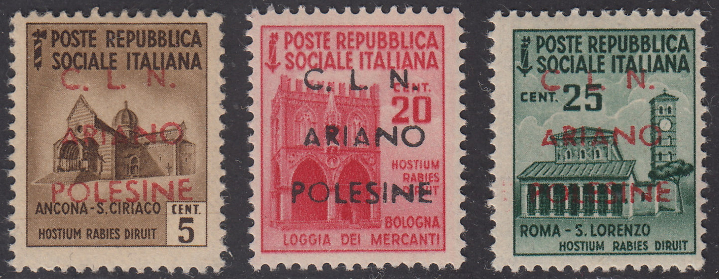 CLN28 - 1944 - RSI stamps overprinted "CLN ARIANO POLESINE" series of three stamps with overprints of different colors, new with intact gum (Unif. 38/40).