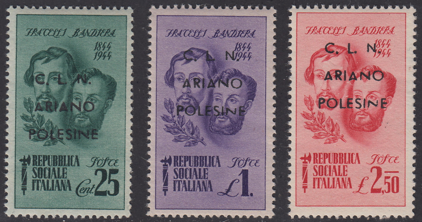 CLN36 -1944 - RSI stamps overprinted "CLN ARIANO POLESINE" Fratelli Bandiera complete set of three new stamps with intact gum (Unif. 43/45). 