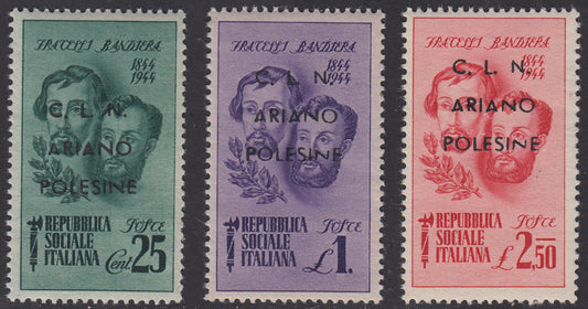 CLN36 -1944 - Francobolli di RSI soprastampati "CLN ARIANO POLESINE" Fratelli Bandiera serie completa di tre valori nuova con gomma integra (Unif. 43/45).