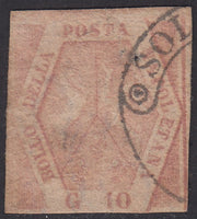 PV775 - 1858 - 10 grana carminio chiaro II tavola usato con annullo circolare di Sulmona,  (11a, p.ti 10)