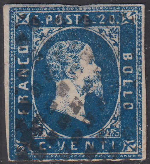 PV1382 - 1851 - I emissione c. 20 azzurro I tiratura usato,  (2a).