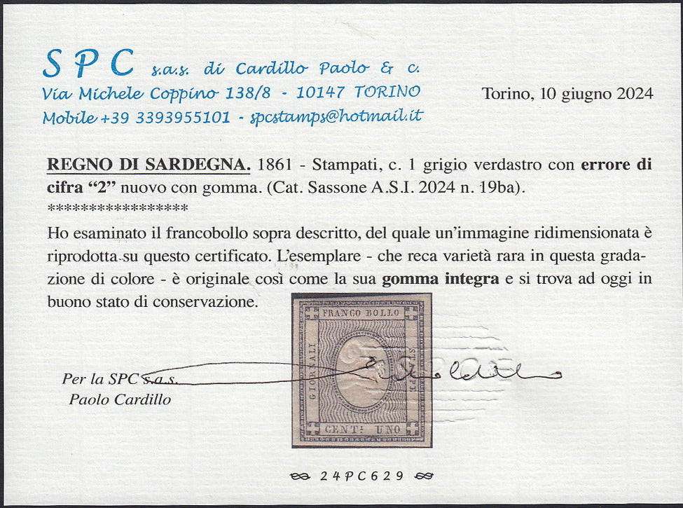 PV580 - 1861 -Stampati, errore di cifra c. 2 su 1 grigio verdastro nuovo con gomma originale integra, lievi difetti (19bl).