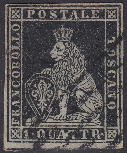 PP1515 - 1857 - Leone di Marzocco, 1 quattrino nero su carta grigia e filigrana corona usato, difetti. (1).