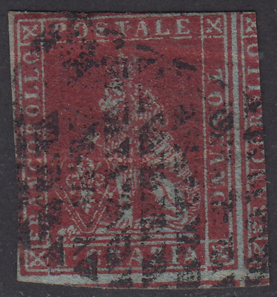 PP1515 - 1857 - Leone di Marzocco, 1 crazia carminio violaceo su azzurro e filigrana corona usato. (4c).