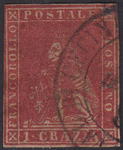 PP1721 - 1857 - Leone di Marzocco, 1 crazia carminio su carta bianca e filigrana linee ondulate usata, difetti. (12)