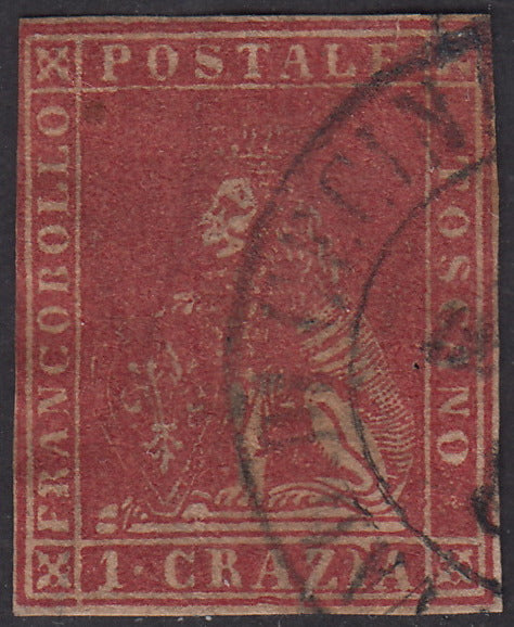 PP1721 - 1857 - Leone di Marzocco, 1 crazia carminio su carta bianca e filigrana linee ondulate usata, difetti. (12)