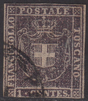 PV1824- 1860 -Scudo di Savoia sormontato da corona Reale, c. 1 violetto scuro su carta bianca e filigrana linee ondulate usato (17c).