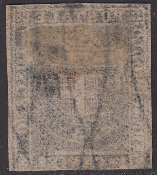 PV1824- 1860 -Scudo di Savoia sormontato da corona Reale, c. 1 violetto scuro su carta bianca e filigrana linee ondulate usato (17c).