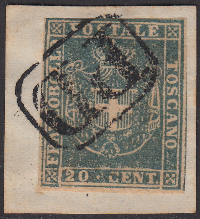 PV1899 - 1860 - Scudo di Savoia sormontato da corona Reale, c. 20 azzurro grigio verdastro chiaro usato su frammento (20c)