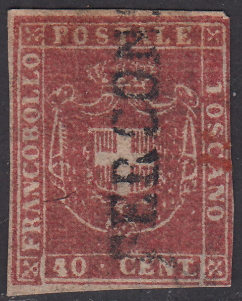 PV1915 - 1860 - Scudo di Savoia sormontato da corona Reale, c.40 carminio scarlatto usato con lineare Per Consegna (21a)