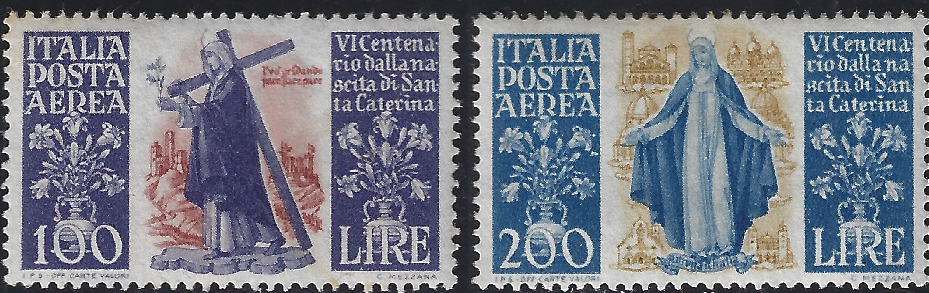 Rep25a - 1948 - 6° centenario della morte di Santa Caterina da Siena, serie completa di Posta Ordinaria + Posta Aerea nuova gomma integra (574/577 + A146/A147).