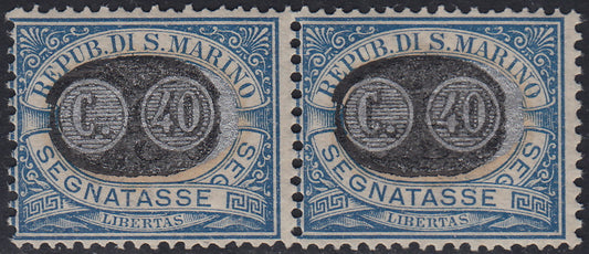 SM39 - 1931 - Segnatasse c.40 su c.30 azzurro "mascherine" con soprastama dell'argento recto-verso, coppia orizzontale nuova con gomma integra (43d).