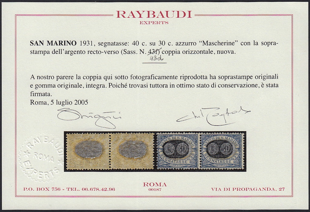 SM39 - 1931 - Segnatasse c.40 su c.30 azzurro "mascherine" con soprastama dell'argento recto-verso, coppia orizzontale nuova con gomma integra (43d).