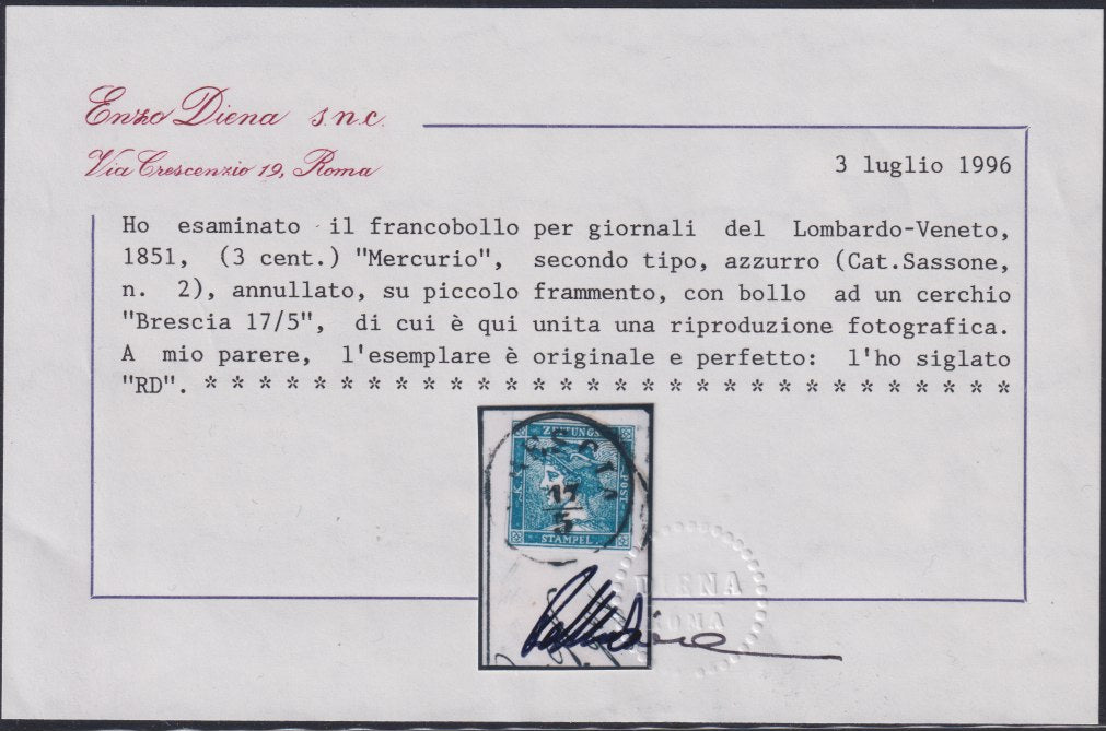 PV702 1861 - Lombardo Veneto Standard newspapers of the third issue s. 1.05 black gray used on small fragment (10g)