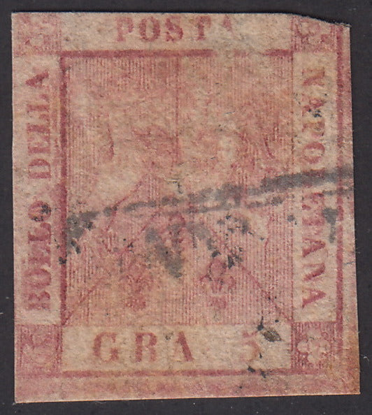 PV746 - 1858 -Stemma delle Due Sicilie, 5 grana carminio rosa II tavola usato. (9).
