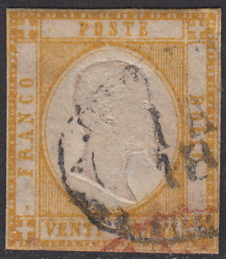 PV948 -1861 - Effigie di Vittorio Emanuele II volta a destra, 20 grana giallo arancio usato (23a).