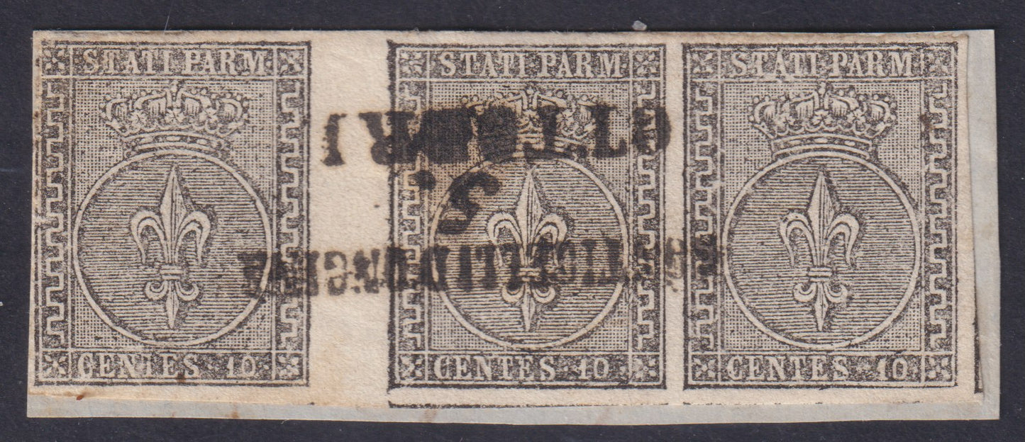 F3_61 - 1852 -  I emissione c.10 bianco striscia di 3 esemplari con interspazio verticale di gruppo tra il primo e il secondo esemplare (2).