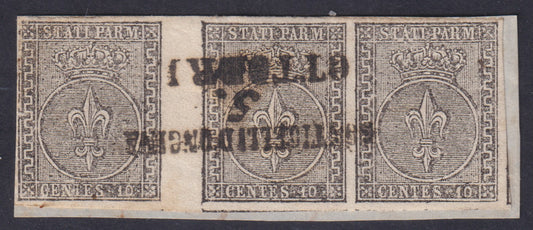 F3_61 - 1852 -  I emissione c.10 bianco striscia di 3 esemplari con interspazio verticale di gruppo tra il primo e il secondo esemplare (2).