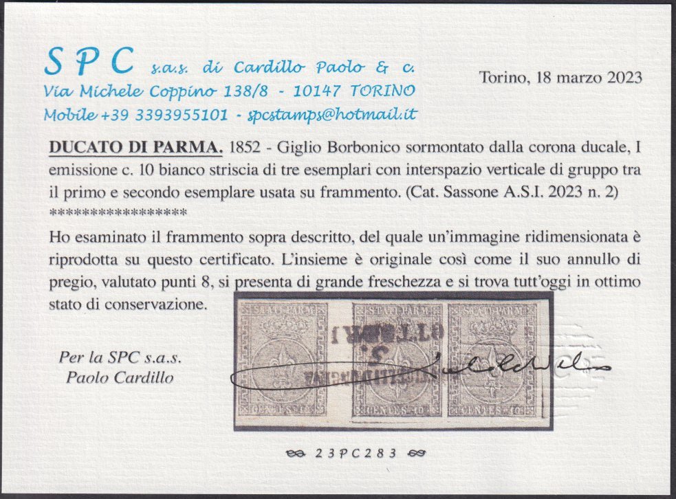 F3_61 - 1852 -  I emissione c.10 bianco striscia di 3 esemplari con interspazio verticale di gruppo tra il primo e il secondo esemplare (2).