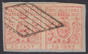 PV1152 - 1859 -  III emissione c. 15 vermiglio coppia orizzontale usata, comprendente la posizione n. 27 con il clichet modificato (9b + 9).