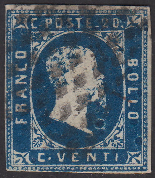 Sard182 - 1851 - I emissione c. 20 azzurro vivo II riporto litografico usato, (2d).