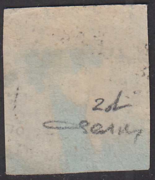 Sard182 - 1851 - I emissione c. 20 azzurro vivo II riporto litografico usato, (2d).