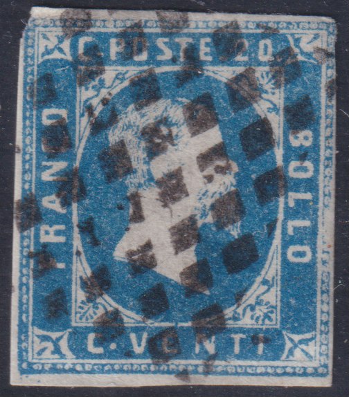 PV2237 - 1851 -I emissione c. 20 azzurro chiaro I riporto litografico usato. (2f).