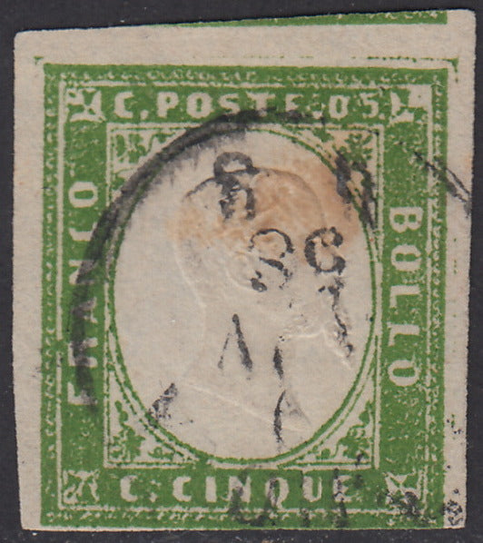 SARD218 - 1857 - Effigie di Vittorio Emanuele II, IV emissione c. 5 verde giallo I composizione usato (13Ad).