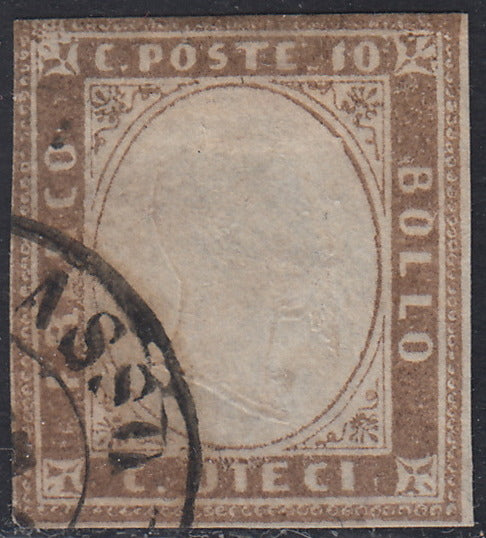 SARD533 - 1860 - Effigie di Vittorio Emanuele II, IV emissione c. 10 bruno lillaceo I tavola usato,  (14Ba, Rattone n. 48a)