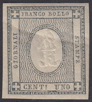 PV561 - 1861 - Cifra a rilievo, c. 1 grigio verdastro nuovo con gomma originale integra, (19b).