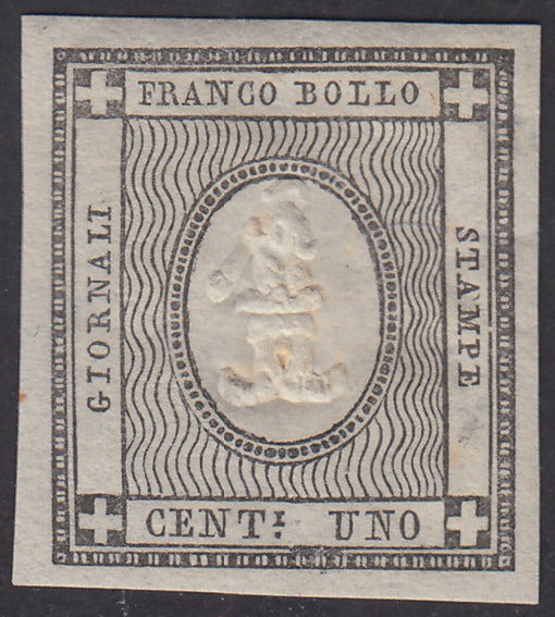 PV572 - 1861 - Cifra a rilievo, c. 1 grigio brunastro nuovo con gomma originale, un punto di assottiglimento, (19c).