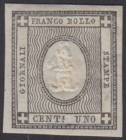 PV572 - 1861 - Cifra a rilievo, c. 1 grigio brunastro nuovo con gomma originale, un punto di assottiglimento, (19c).