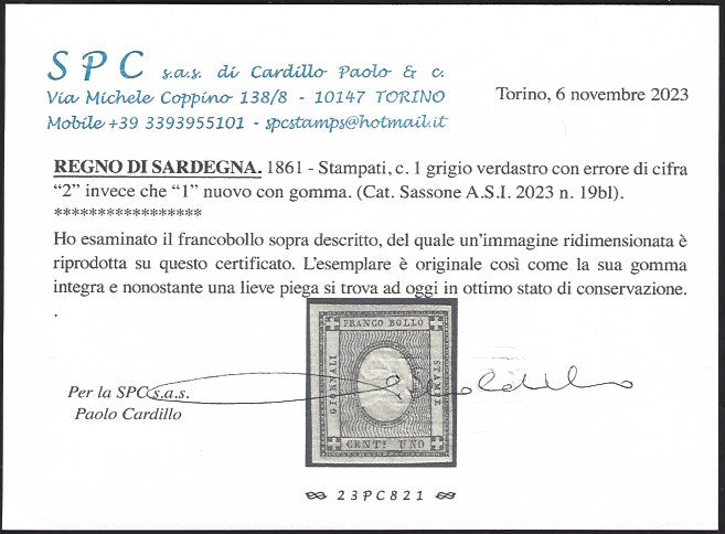 PV588 - 1861 - Cifra a rilievo, c. 2 nero intenso, nuovo con gomma originale, rara e pregevole gradazione di colore con stampa parassitaria dell'ovale. (20e).