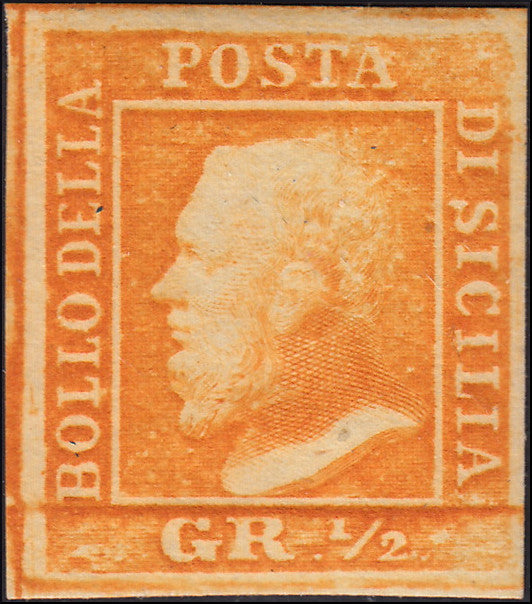 EBS4 - 1859 - Effigie di Ferdinando II di Borbone, 1/2 grano arancio I tavola carta di Palermo ritocco n. 31 nuovo con gomma originale . (1, posizione 31/100).