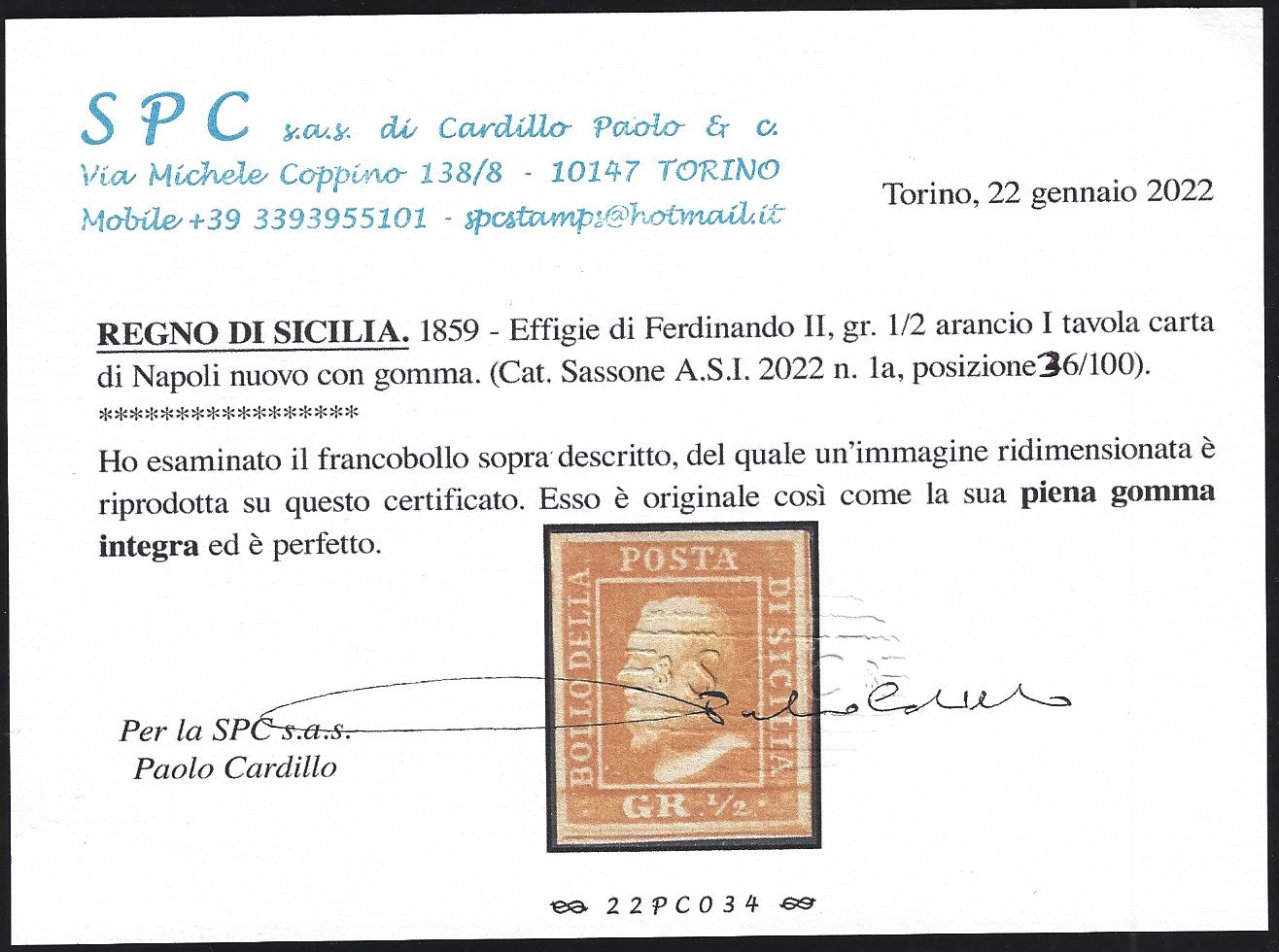 F17_148 - 1859 - Effigie di Ferdinando II di Borbone, 1/2 grano arancio I tavola carta di Napoli nuovo con gomma originale integra, splendido e raro francobollo di qualità impeccabile. (1a, posizione 46/100).