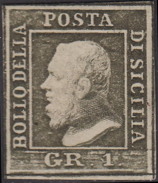 BO22-59 - 1859 - Effigie di Ferdinando II di Borbone, 1 grano verde oliva grigiastro chiaro II tavola carta di Palermo nuovo con gomma originale, non comune e di bella qualità. (4, posizione 28/100).