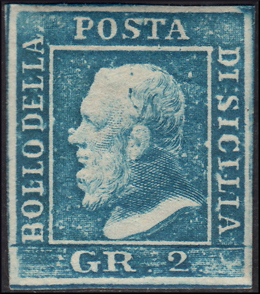 SIC88 - 1859 - Effigie di Ferdinando II di Borbone, 2 grana azzurro I tavola carta di Palermo nuovo con gomma, molto bello. (6, posizione n. 27/100).