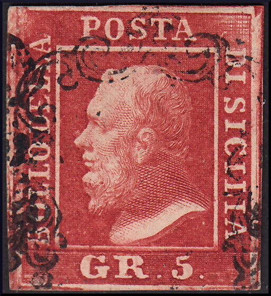 SIC34 - 1859 - Effigie di Ferdinando II di Borbone, 5 grana carminio scuro I tavola carta di Napoli usato, ritocco n. 46, colore eccezionale. (9b).