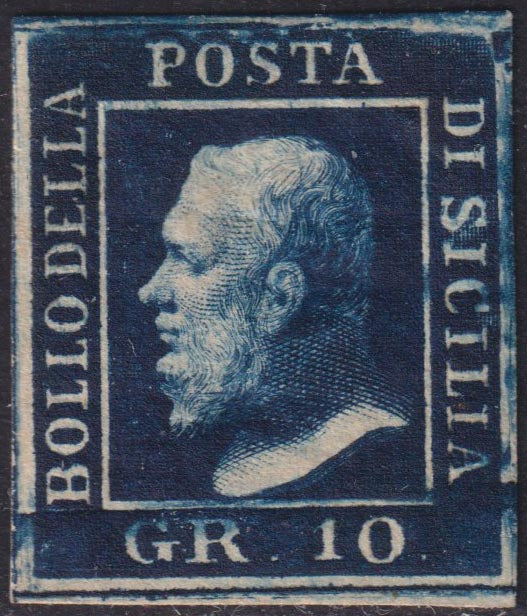 SIC104 - 1859 - Effigie di Ferdinando II di Borbone, 10 grana indaco carta di Napoli nuovo con gomma, presentante il ritocco n. 53 "Grosso tratto al contorno superiore". (12b).