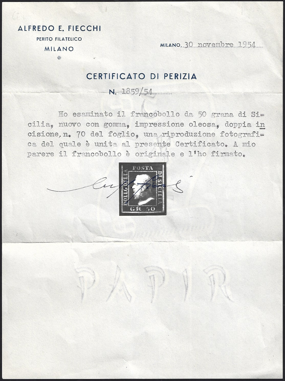 F17_164 - 1859 - Effigie di Ferdinando II di Borbone, 50 grana lacca bruno carta di Napoli nuovo con gomma, doppia inisione posizione n. 70 del foglio con doppia incisione. (14d).