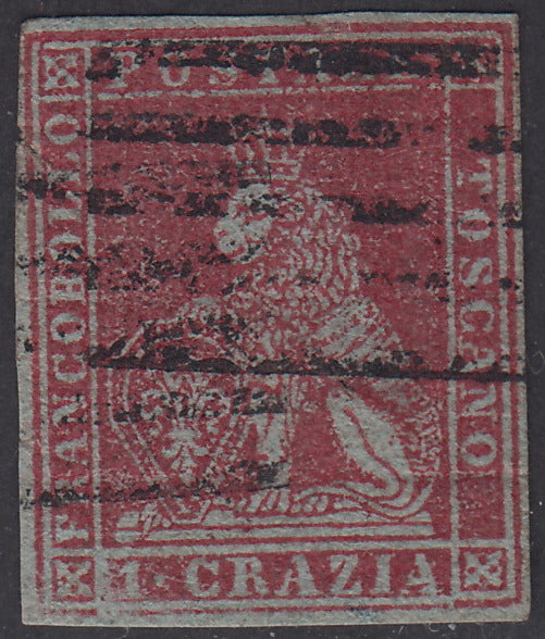 PV1584 -1851 - Leone di Marzocco, 1 crazia carminio cupo su carta azzurra e filigrana corona usata (4a).