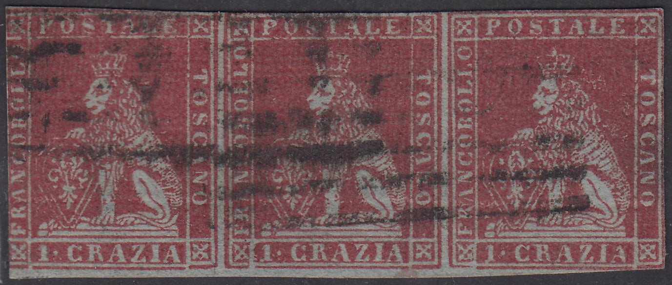 Tos146 - 1851 - Leone di Marzocco, 9 purplish brown crazie on gray paper and crown watermark used with red cancellation (8).