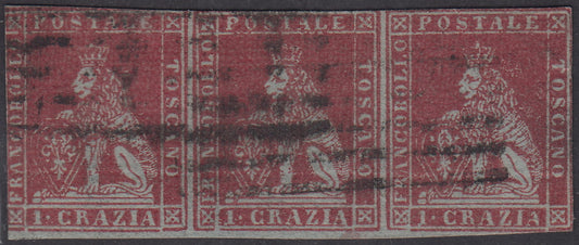 PV2049 -1851 - Leone di Marzocco, 1 crazia carminio cupo su carta azzurra e filigrana corona, striscia di tre esemplari usata (4a).