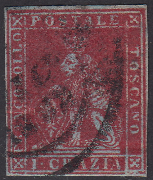 PV1593 - 1851 - Leone di Marzocco, 1 crazia carminio su carta azzurra e filigrana corona usata (4b).