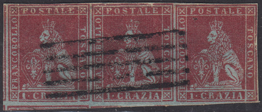 PV2050 -1851 - Leone di Marzocco, 1 crazia carminio su carta azzurra e filigrana corona, striscia di tre usata, riparata (4b).