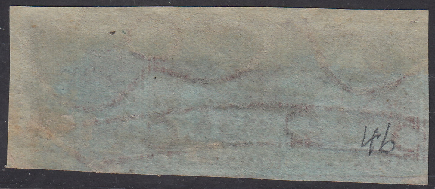 PV2050 -1851 - Leone di Marzocco, 1 crazia carminio su carta azzurra e filigrana corona, striscia di tre usata, riparata (4b).