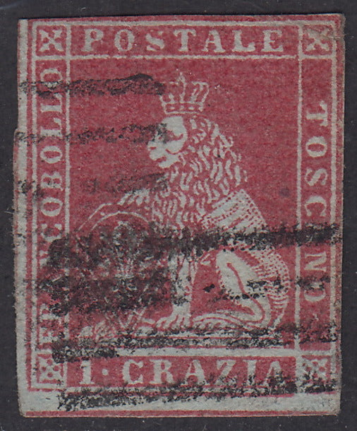 Tos146 - 1851 - Leone di Marzocco, 9 purplish brown crazie on gray paper and crown watermark used with red cancellation (8).