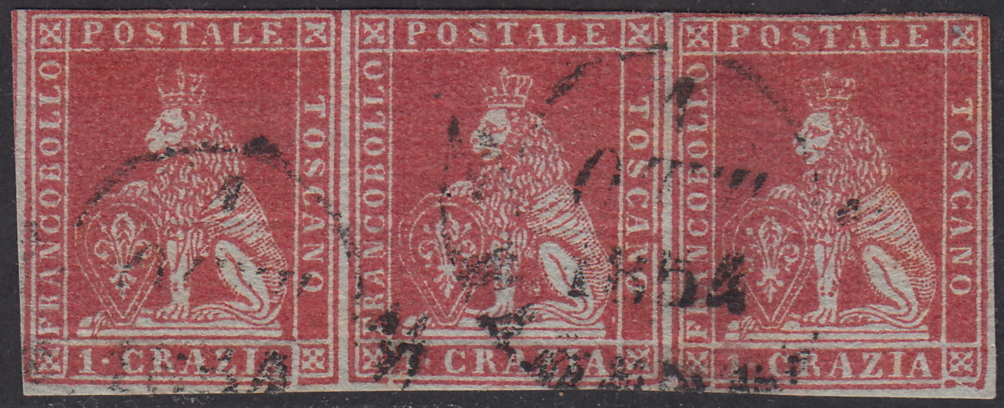 Tos146 - 1851 - Leone di Marzocco, 9 purplish brown crazie on gray paper and crown watermark used with red cancellation (8).